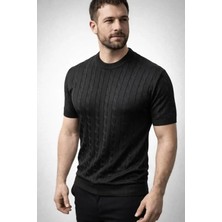 Flamex Erkek Yazlık Triko Dokuma Tişört Kısa Kol Bisiklet Yaka Örgü Desenli T-Shirt - Siyah