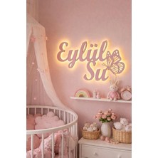 Runc Design Kişiye Özel LED Işıklı Ahşap Isimlik – Kız Çocuk Odası Duvar Dekoru – 3D Harfli Gece Lambası-Çift Isim