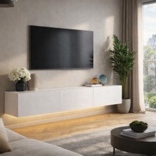 %100 Mdf Tv Ünitesi-Düşer Kapaklı Tv ÜNITESI-BEYAZ-180 cm