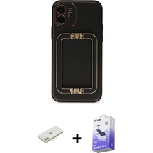 Cepte Toptan iPhone 12 Kozmos Minimal Prime - Siyah Bilvis 5in1 5d Magic Hayalet Cam Ekran Koruyucu + Turuncu Renkli Kamera Lens Koruma Cam