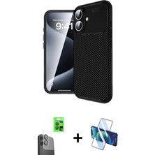 Cepte Toptan iPhone 16 Plus Eksen Form Prime - Siyah 3D Antistatik Seramik Nano Ekran Koruyucu + Siyah Raze Metal Kamera Lens