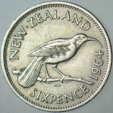 Banknoting Yeni Zelanda 6 Pence 1964 Kraliçe Iı. Elizabeth 19,3 Mm.