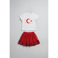 Perendi Kız Çocuk Türk Bayrak Baskılı Pul Payetli Etekli Takım