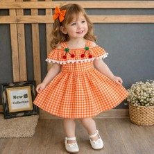Şimo Butik Kız Çocuk Yazlık Askılı Madonayaka Kirazlı Turuncu Elbise Bürümcük Kumaş Ütü Istemez Terletmez