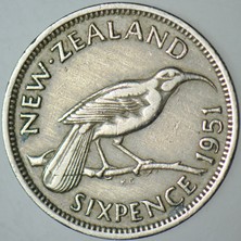 Banknoting Yeni Zelanda 6 Pence 1951 Kral 6. George 19,3 Mm.