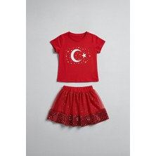 Perendi Kız Çocuk Türk Bayrak Baskılı Pul Payetli Etekli Takım