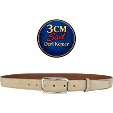 GoDeri Hakiki Deri, 3 cm Gümüş Renk Tokalı, Krem Süet, Dikişli Klasik Kadın Kemeri, 3CMKLA50