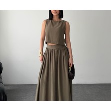 Kadın Modal Kumaş Crop Bluz - Yüksek Bel Uzun Etek Ikili Takım