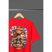 Ontunew 23 Nisan Baskılı Bisiklet Yaka Pamuklu Kısa Kollu Erkek ve Kız Çocuk Tişört