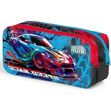 Esranın Dünyası Iki Bölmeli Kalem Çantası - Gri Mavi Yarış Arabası Tasarımı