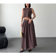 Kadın Modal Kumaş Crop Bluz - Yüksek Bel Uzun Etek Ikili Takım