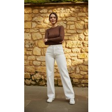 Geenz Manifacture Hayal Krem Kadın Yüksek Bel Jeans Salaş Kot Pantolon Palazzo