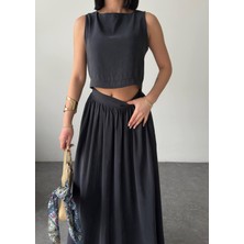 Kadın Modal Kumaş Crop Bluz - Yüksek Bel Uzun Etek Ikili Takım