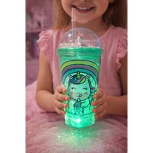 Hediye Filesi Unicorn Temalı LED Işıklı Suluk Buzlu Cam Görünümlü 450 ml Çift Katman Mika Su Şişesi 2646 Yeşil
