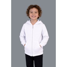 Evavi Çocuk Kapüşonlu Fermuarlı Cepli Beyaz Sweatshirt Ceket