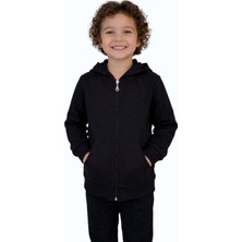 Evavi Çocuk Kapüşonlu Fermuarlı Cepli Siyah Sweatshirt Ceket