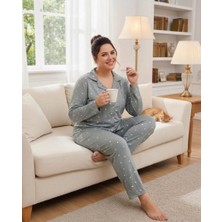 Time Moda Poylin Homewear Kadın Büyük Beden Milan Serisi Düğmeli Yumuşak Dokulu Pamuklu Kalp Desenli Pijama Takımı