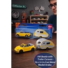Toyfest Siku Vw Beetle Karavan Römorklu Die Cast Metal Oyuncak Araba Koleksiyonluk Sarı Kamp Seti 16.4 cm