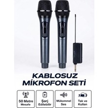 Marsilyan Profesyonel Çiftli Kablosuz Mikrofon Seti Karaoke Şarj Edilebilir 50 Metre