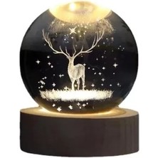 Skygo Dekoratif Geyik Tasarımlı Ahşap Altlıklı Işıklı Cam Küre Büyük Boy Cam:8cm Ahşap:2cm