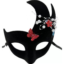 Skygo Siyah Renk Incili Taşlı Süet Kaplama Venedik Parti Maskesi 20X22 cm