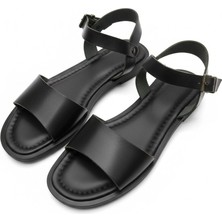 Efw %100 Hakiki Deri Siyah Kalın Tek Bant Kadın Sandalet