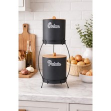 2 Katlı Metal Patates & Soğan Saklama Kovası – Ahşap Kapaklı Dekoratif Mutfak Organizer