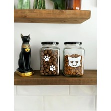 Atölye Merdiven 2’li Kedi ve Pati Figürlü Cam Mama Kavanozu Kedi / Köpek / Kuş Evcil Hayvan Mama Kavanozu 1000 cc