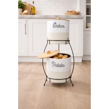 2 Katlı Metal Patates & Soğan Saklama Kovası – Ahşap Kapaklı Dekoratif Mutfak Organizer