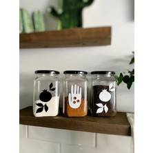Atölye Merdiven Bereket Seti Cam 3lü Dekoratif Erzak Kahve Çay Şeker Kavanozu Nar Bereketli El Sembollü 850ml