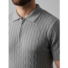 Giyim Center Erkek Yazlık Triko Saç Örgü Tişört Kısa Kol Polo Yaka Fermuarlı T-Shirt - Gri