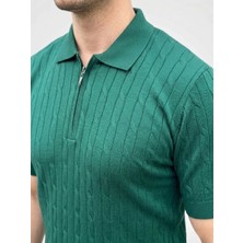 Giyim Center Erkek Yazlık Triko Saç Örgü Tişört Kısa Kol Polo Yaka Fermuarlı T-Shirt - Haki