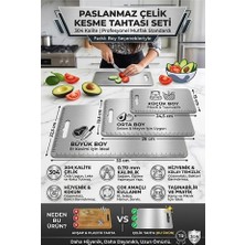 Rivo Home Decor 304 Kalite Paslanmaz Çelik Kesim Tahtası Seti 3’lü (33X22.5 / 28X19.5 / 24.5X15 Cm)