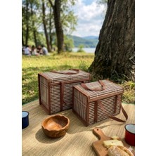 Hüco Bazaar 2'li Hasır Çok Amaçlı Piknik Plaj Taşıma Düzenleyici Organizer Saklama Çantası Sepeti 17 L-11 L