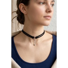 Siyah Süet Çoklu Sıra Choker Kolye - Kalp Anahtar Detaylı Gümüş Rengi Boyunluk
