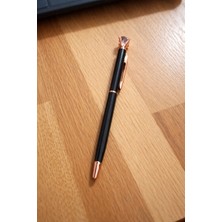 C&On Design Rose Gold Detaylı Kristal Taşlı Tükenmez Kalem - Siyah Gövde Mavi Mürekkep