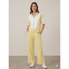 Sima Moda Kadın Sarı Beyaz Blok Renkli Fermuarlı Eşofman Takımı - Kısa Kollu Ikili Takım