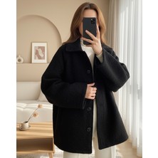 Modamorfo Çift Cepli Önü Düğmeli Astarlı Buklet Kaban -Siyah