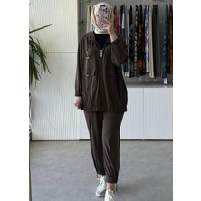 Tığ Triko Rahat Kesim Kapüşonlu Metal Taşlı Üst ve Pantolon Takım 5128 Kahve