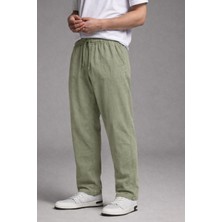 Damga Erkek Beli Lastikli Bol Paça Yeşil Keten Pantolon