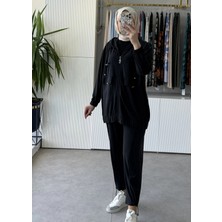 Tığ Triko Rahat Kesim Kapüşonlu Metal Taşlı Üst ve Pantolon Takım 5128 Siyah