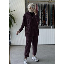 Tığ Triko Rahat Kesim Kapüşonlu Metal Taşlı Üst ve Pantolon Takım 5128 Bordo