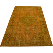Zehra Abla Halı Vintage El Dokuma Overdye Tek Renk Turuncu Göbekli Yün Halı 7165