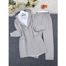 Modamorfo Kapşonlu Kapaklı Cepli Pantolonlu Takım    -Gri