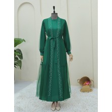Modamorfo Önü Taş ve Inci Detaylı Beli Bağcıklı Ikili Abaya -Yeşil