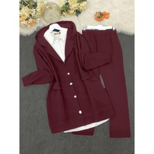 Modamorfo Kapşonlu Kapaklı Cepli Pantolonlu Takım    -Bordo