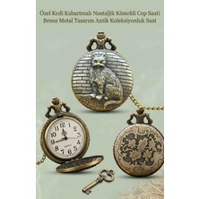 Wolawood Özel Üretim Kedi Kabartmalı Nostaljik Köstekli Cep Saati Bronz Metal Tasarım Zincirli Antika Tarzı Koleksiyonluk Hediyelik Saat