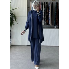 Tığ Triko Çizgili Ribana Detaylı Içi Atletli 3'lü Takım 5112 Indigo