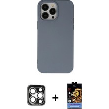 Cepte Toptan iPhone 15 Pro Max Ahenk Serisi - Siyah Buffer Hayalet Cam Ekran Koruyucu + Gümüş Pvd Metal Kamera Lens