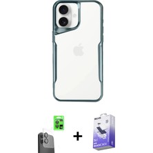Cepte Toptan iPhone 16 Akış Çizgi Koleksiyonu - Siyah Bilvis 5in1 5d Magic Hayalet Cam Ekran Koruyucu + Siyah Raze Metal Kamera Lens